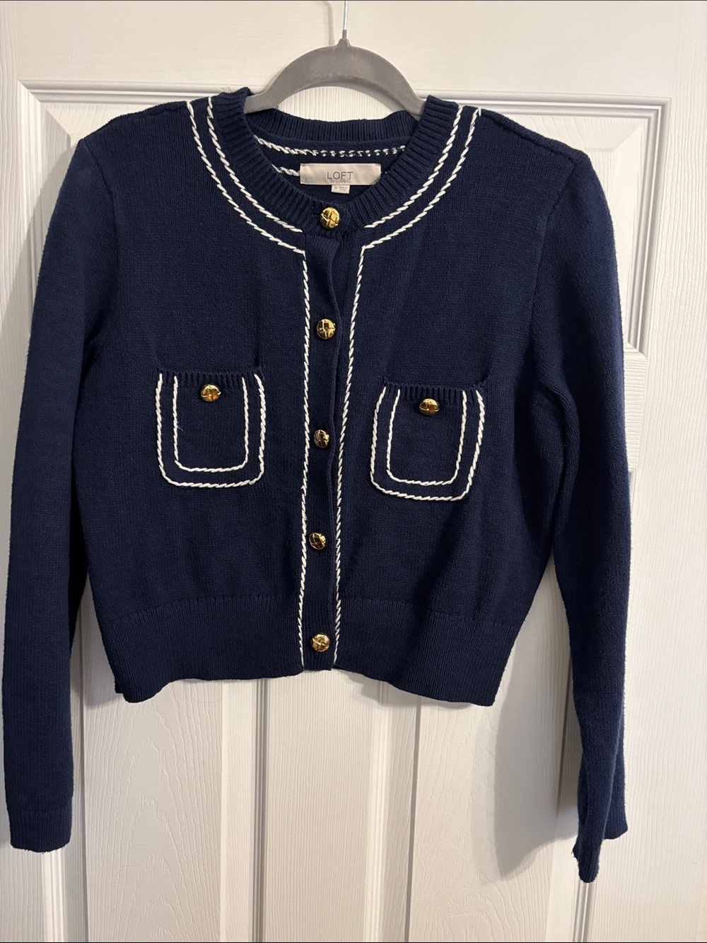 LOFT Navy Cardigan with White Piped Trim and Gold Buttons
